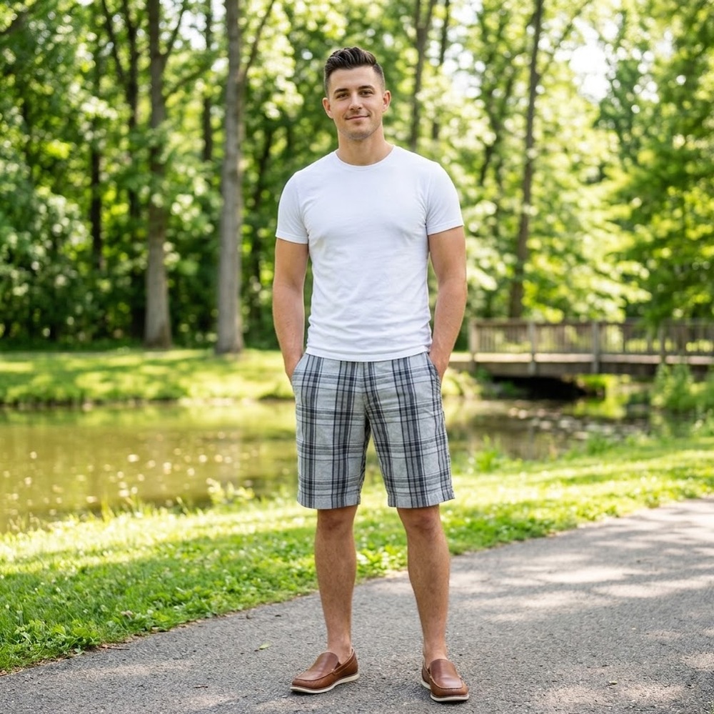 Retrofit Men’s Plaid Shorts 34 Gray Black 100% Cotton Flat Front Casual